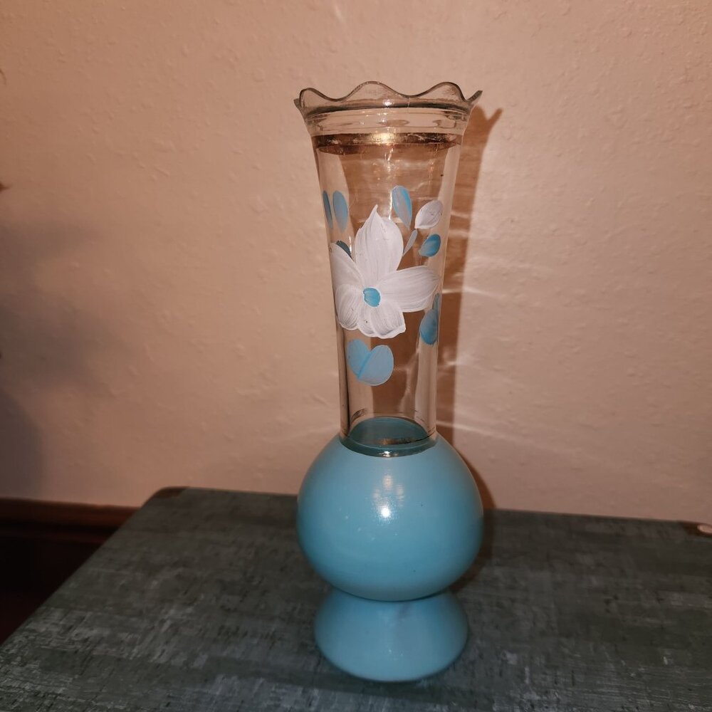 Vintage Hand-Painted Barlett Collins Glass Vase with Floral Design & Blue Accent